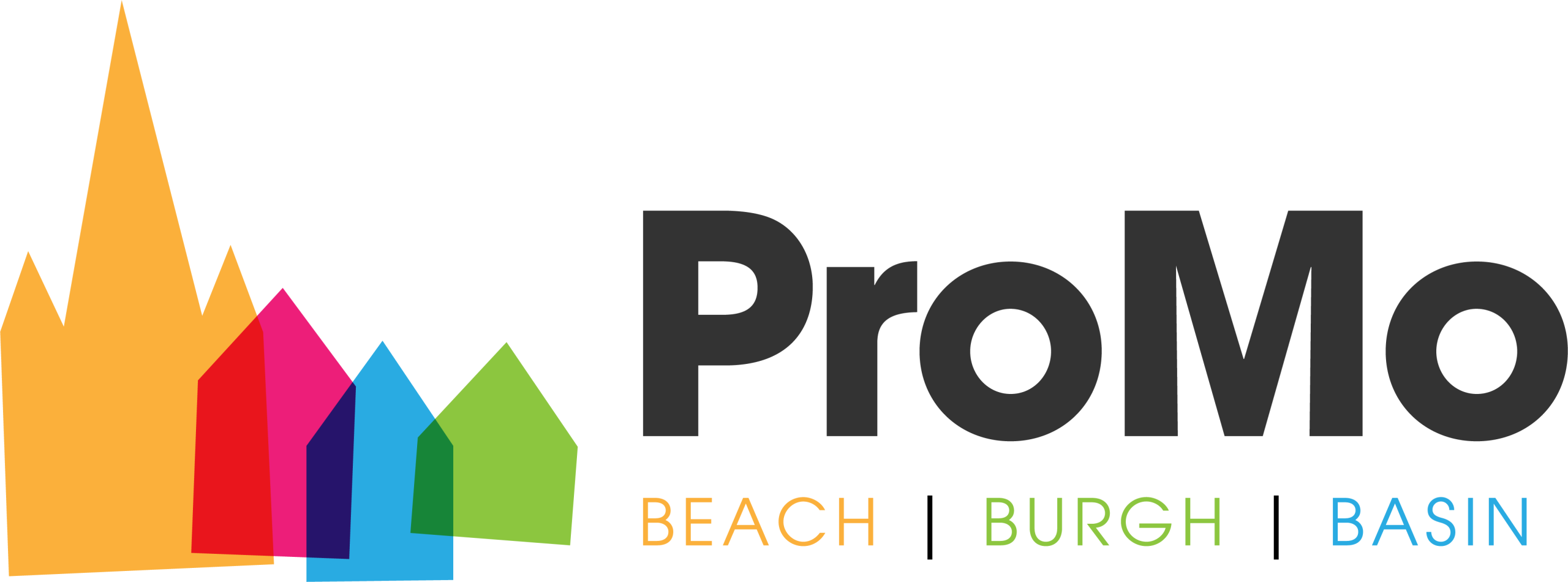 Logo with geometric shapes in yellow, red, blue, and green resembling buildings, evoking a sense of Montrose revival. To the right, large text reads ProMo with smaller text below: BEACH | BURGH | BASIN in orange, blue, and green.