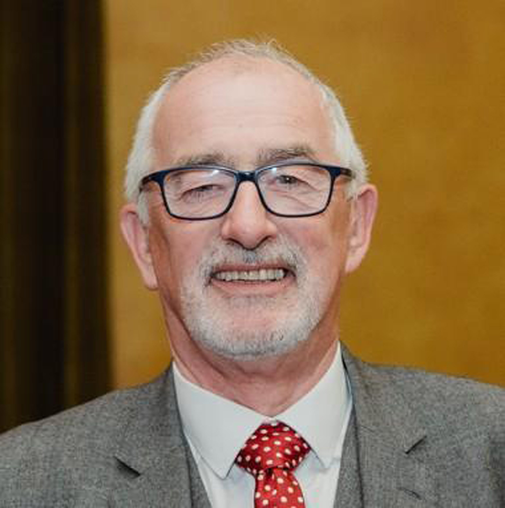 An older man with white hair, glasses, and a trimmed beard smiles whilst wearing a grey suit, white shirt, and red polka dot tie. The background is softly blurred in warm tones.