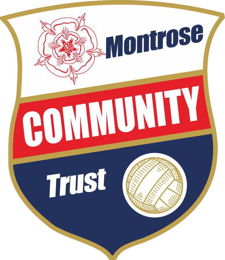 A shield-shaped logo with Montrose at the top, COMMUNITY in bold white on red, Trust and a vintage football on blue at the bottom, outlined in gold. A red flower is above the text.