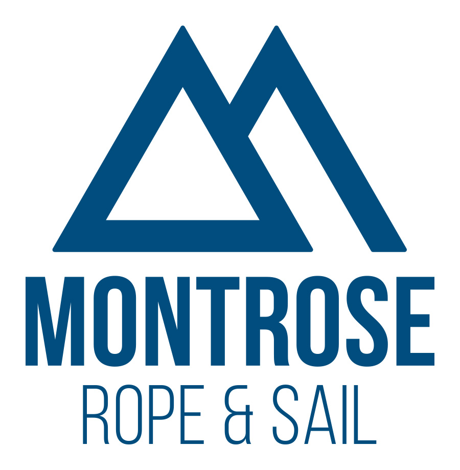 Blue geometric logo with two overlapping triangles above the words Montrose Rope & Sail in bold, uppercase letters. The design is simple and modern, with all text and shapes in blue on a white background.