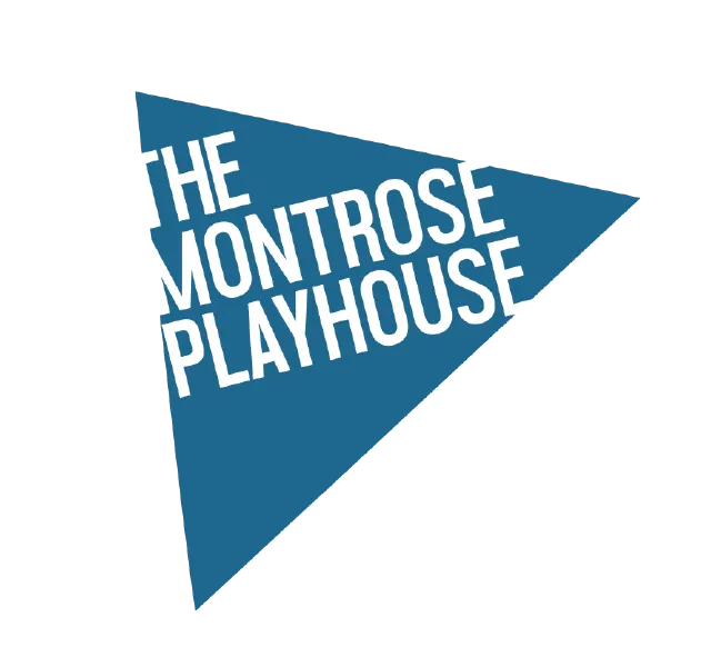 A blue triangle points right with the words THE MONTROSE PLAYHOUSE written in bold white capital letters, stacked in three lines and aligned diagonally inside the triangle. The background is plain white.