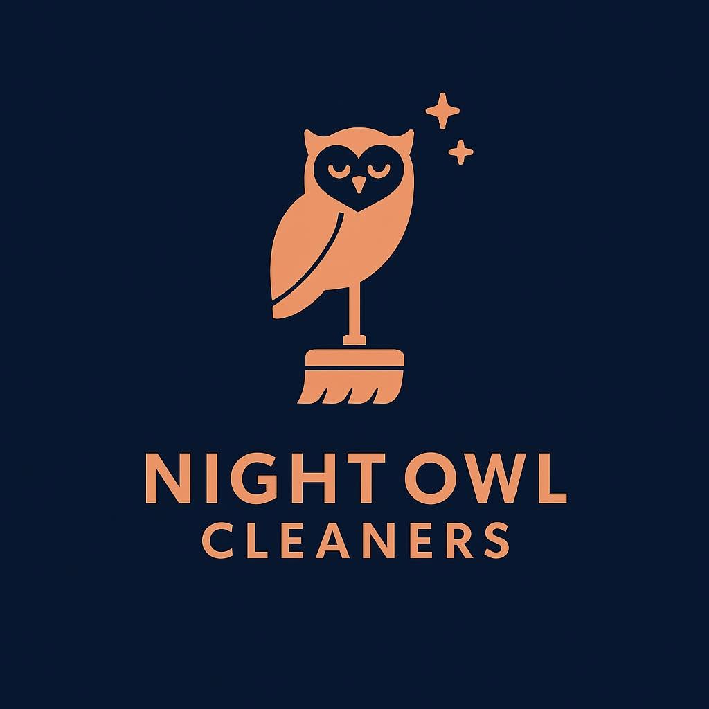 Logo with an orange owl perched on a broom, two sparkle icons nearby, and the text NIGHT OWL CLEANERS below, all on a dark blue background.